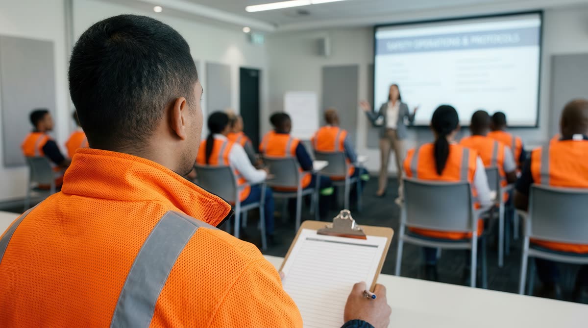 Trabajadores con equipo de seguridad en una capacitación corporativa